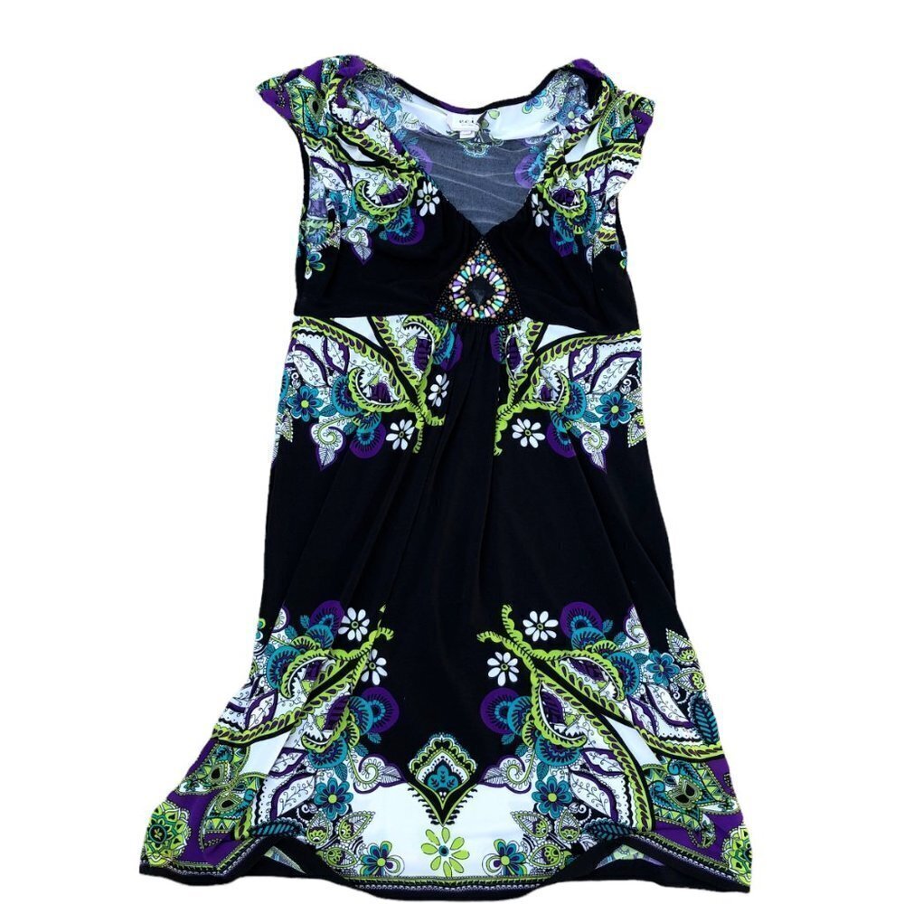 eci New York Beaded Floral Dress Women's 8 Knee Length Cap Sleeve Black​​​​​​​